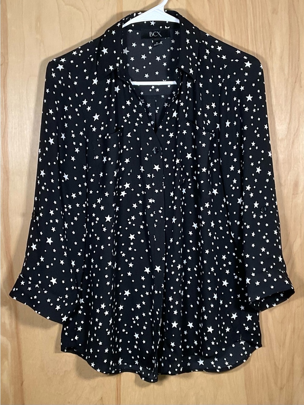 BCX Button Down Sheer Star Print Blouse - Like New